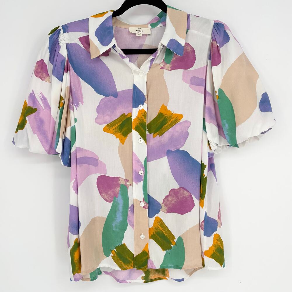 Entro Watercolor Brush Stroke Button-Down Rayon Collared Shirt Size S